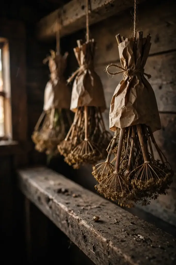 Fennel bundles drying head-down in paper bags