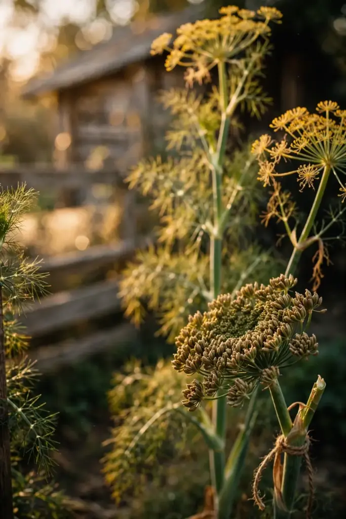 Mature fennel plants in a home garden