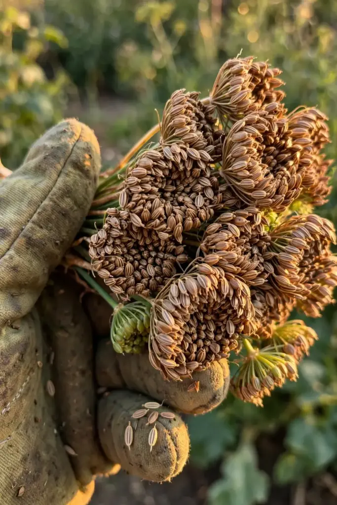 Ripe brown fennel seed heads held after cutting
