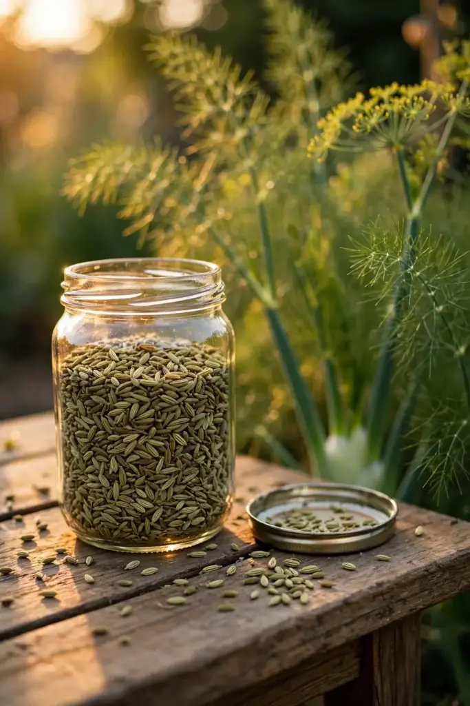 Jar of homegrown saunf with fennel plants behind