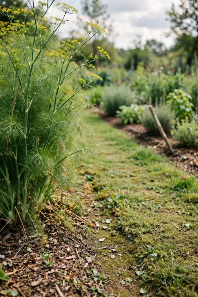 Fennel bed separated from other herb beds in a garden