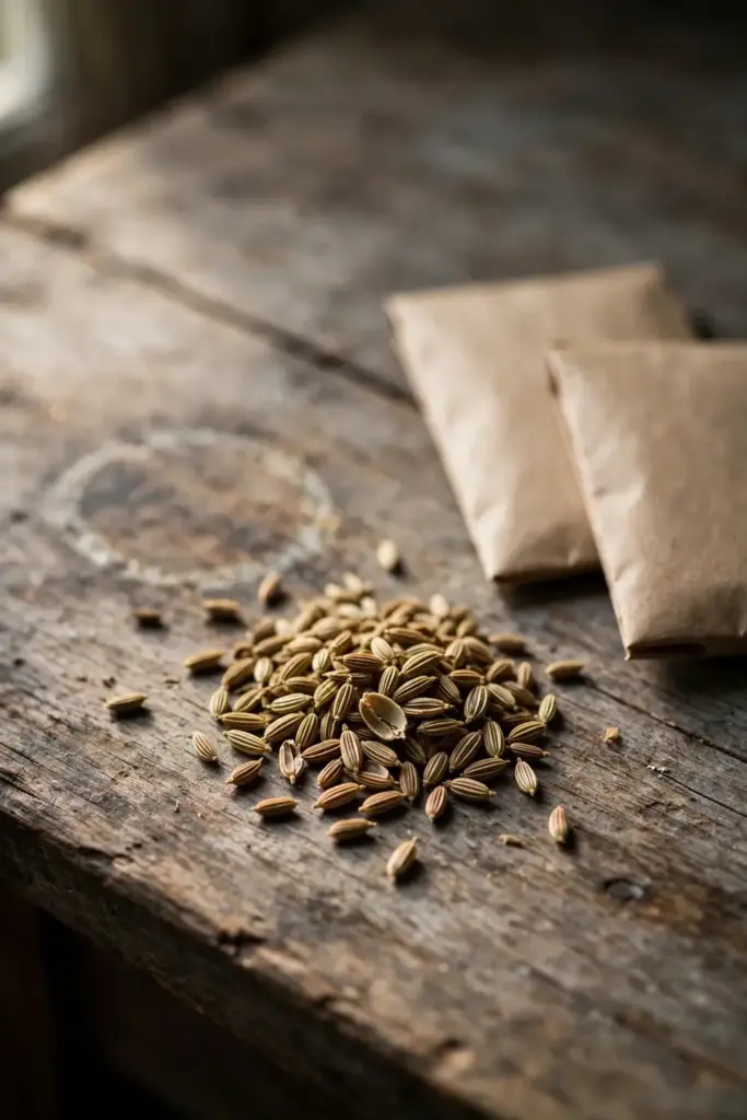 Fennel seed packets beside loose seeds on a wooden table