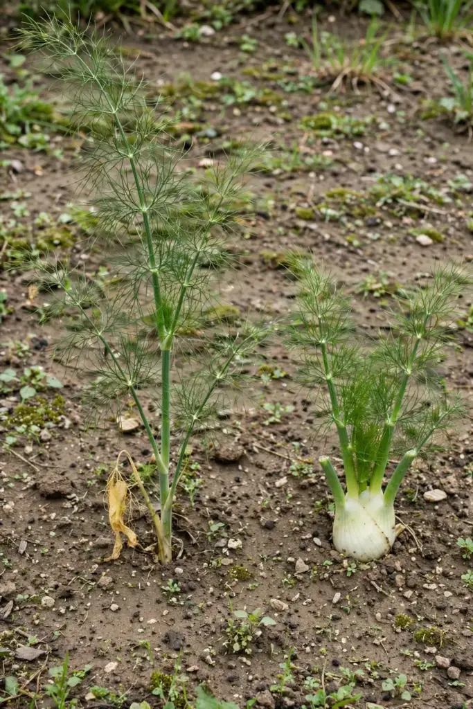 Tall seed fennel beside short bulb fennel plants for comparison