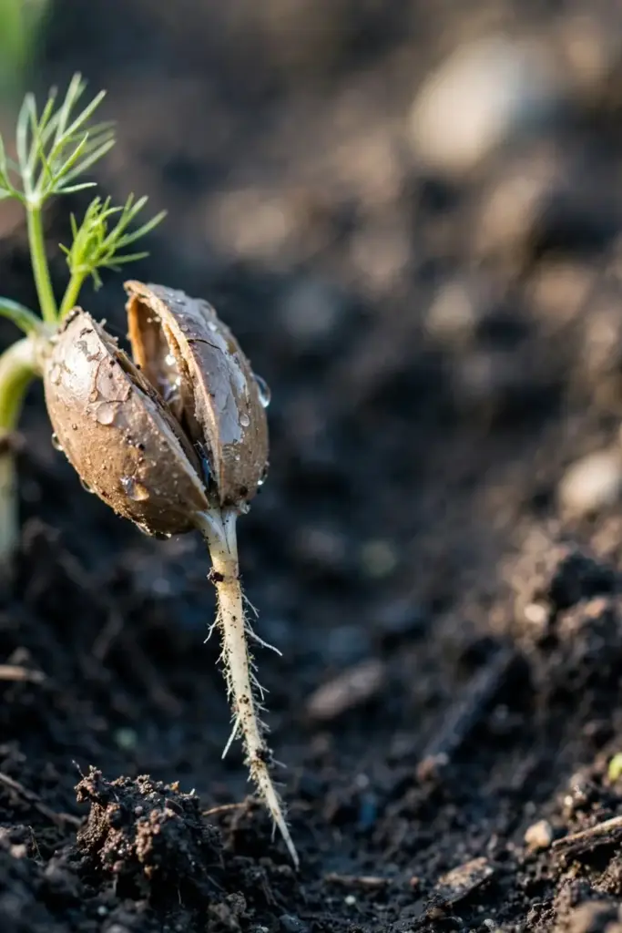 Fennel seedling with long taproot emerging from dark soil