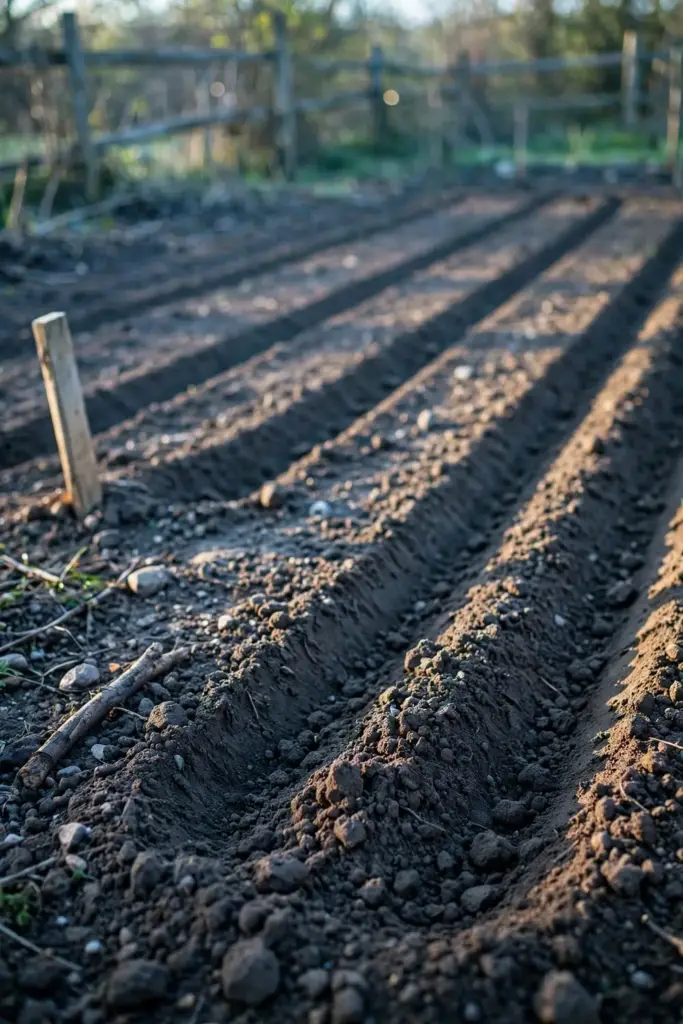 Freshly sown garden bed with marked rows in spring sunshine