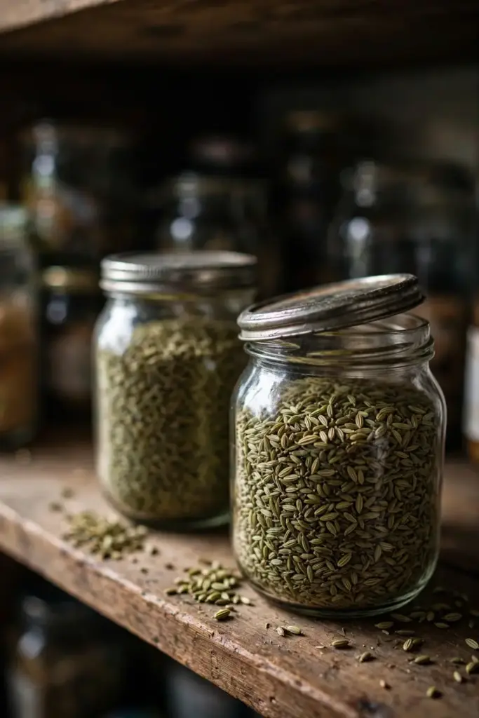 Glass jars of dried fennel seeds on a shelf