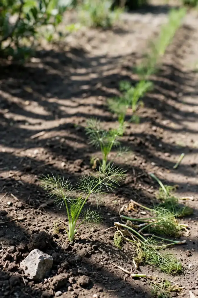 Thinned fennel seedlings spaced in a garden row