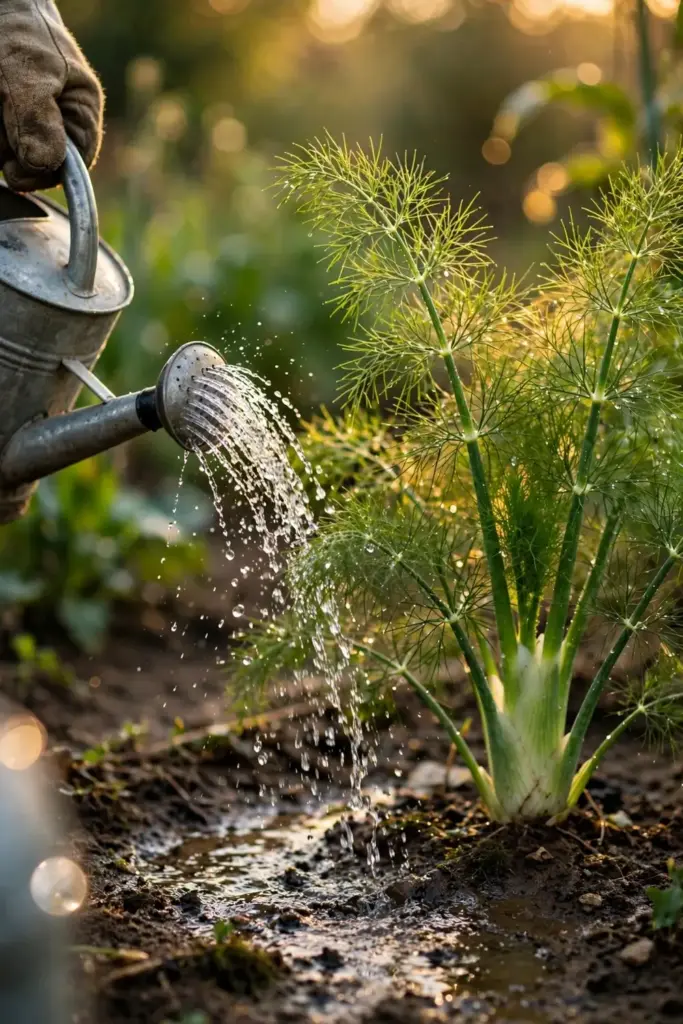 Watering fennel at the base with a watering can
