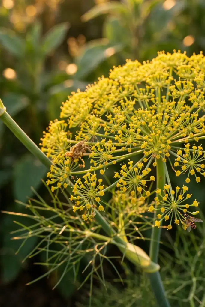 Yellow fennel flower umbels in full bloom