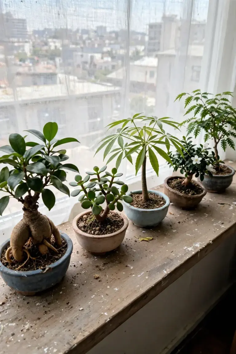 Row of small indoor bonsai pots with different species on a bright windowsill