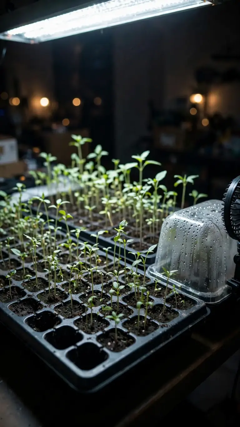 Seedling trays under a grow light with a small fan nearby