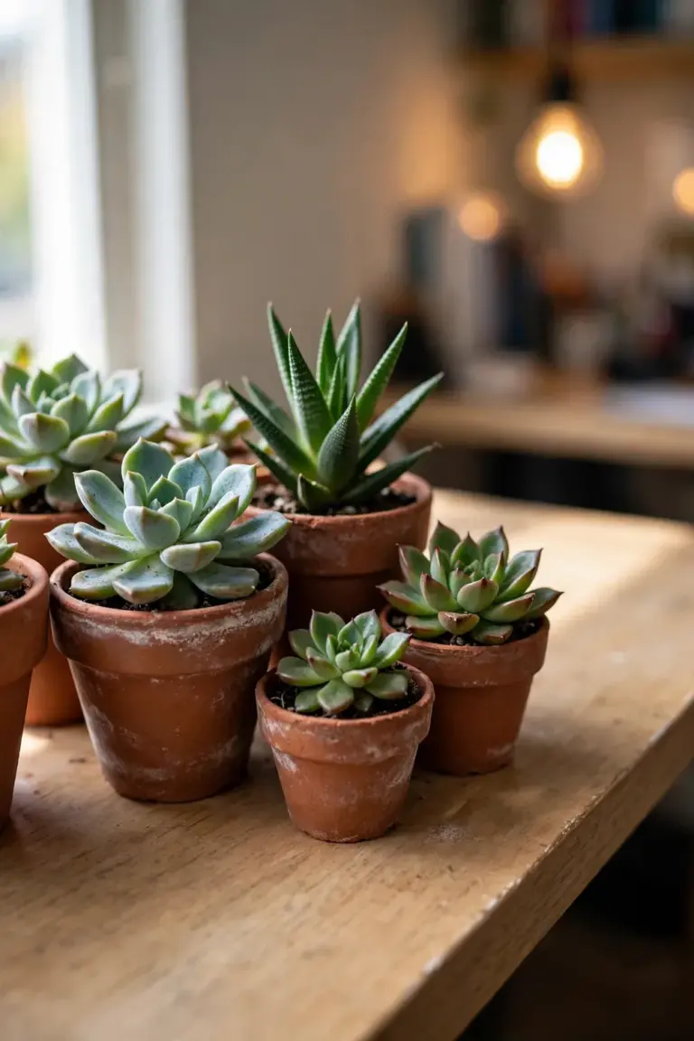 Small collection of healthy succulents in pots on a bright desk