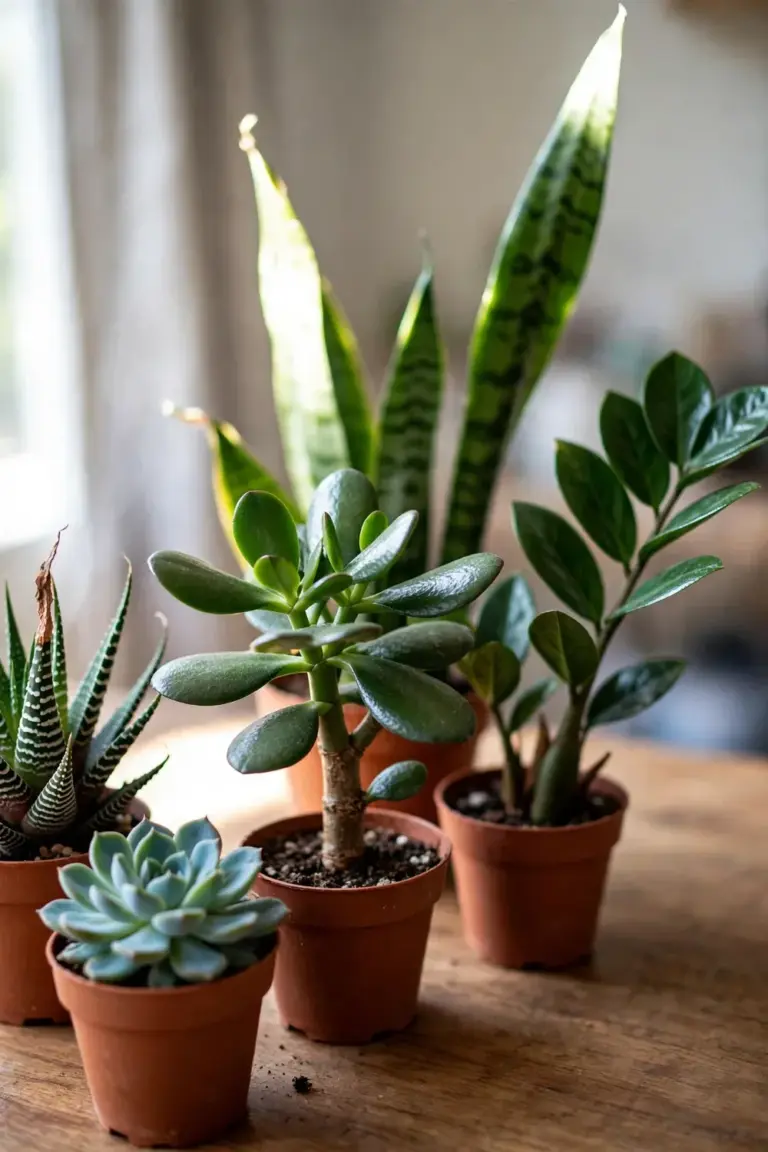 Group of five indoor-tough succulents including jade, ZZ, snake plant and haworthia in pots