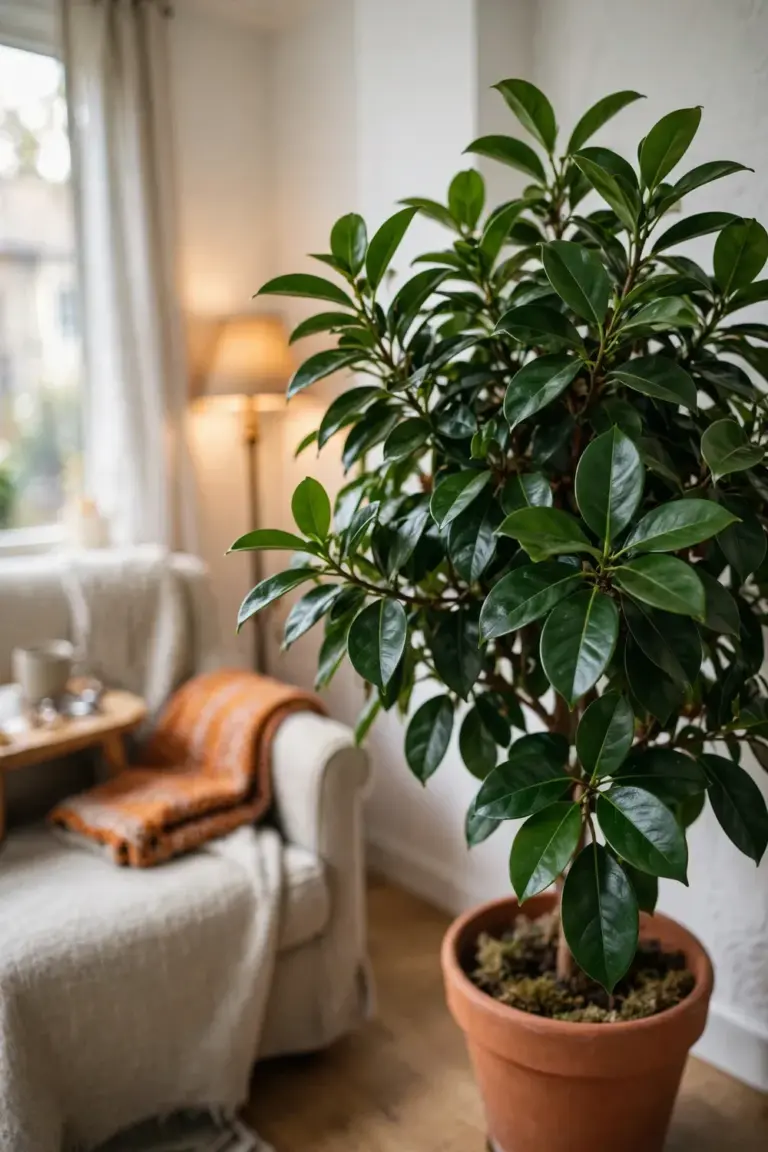 Healthy indoor tree in a terracotta pot beside a reading chair