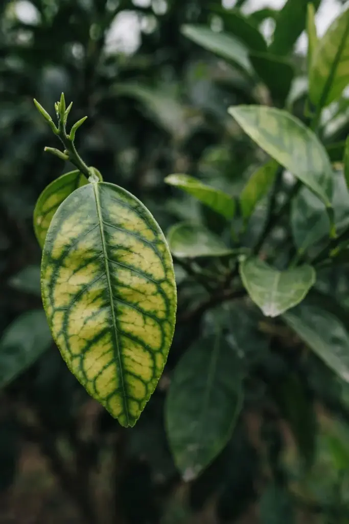 Young citrus leaf yellow between dark green veins