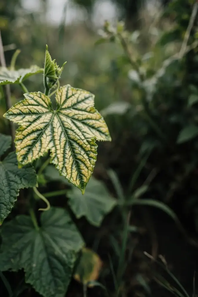 Young cucumber leaf yellow between dark green veins from iron shortage