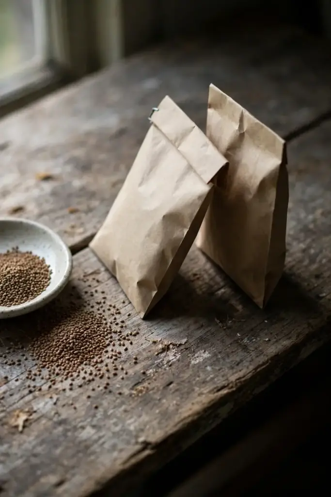 Seed packets of Plantago ovata on a wooden table