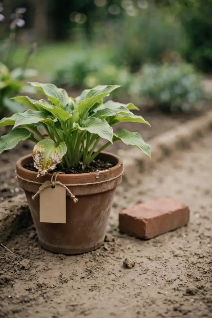 Potted hosta with one blotchy leaf set apart from the main garden bed.