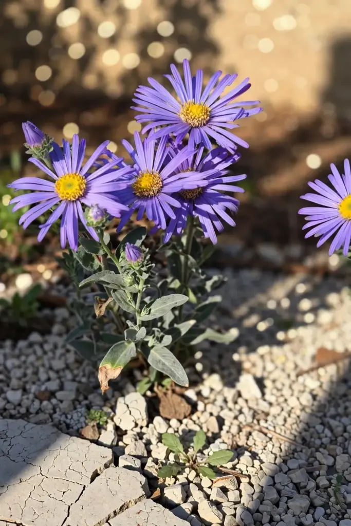 Italian aster King George violet-blue blooms in sunny well-drained bed