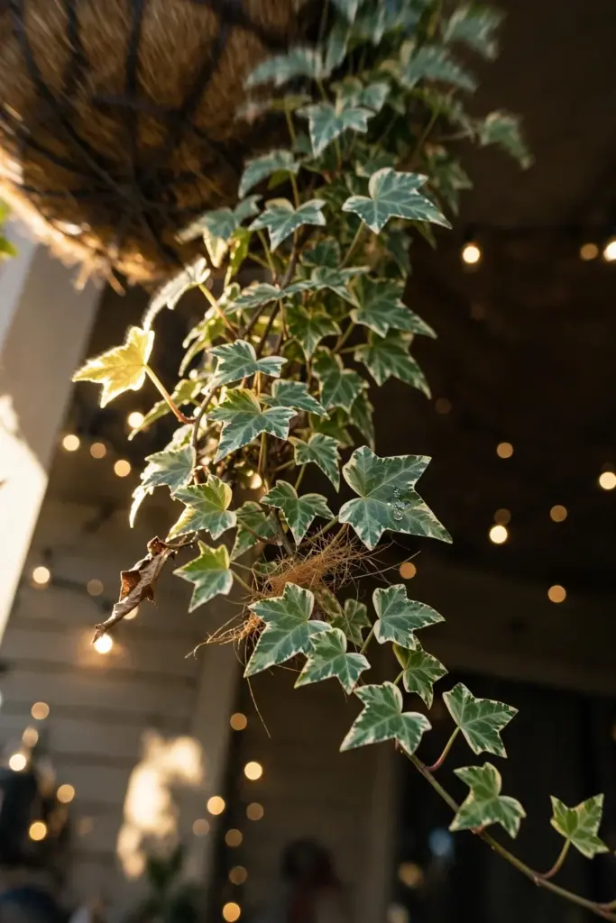 English ivy trailing over the rim of a planted fall basket