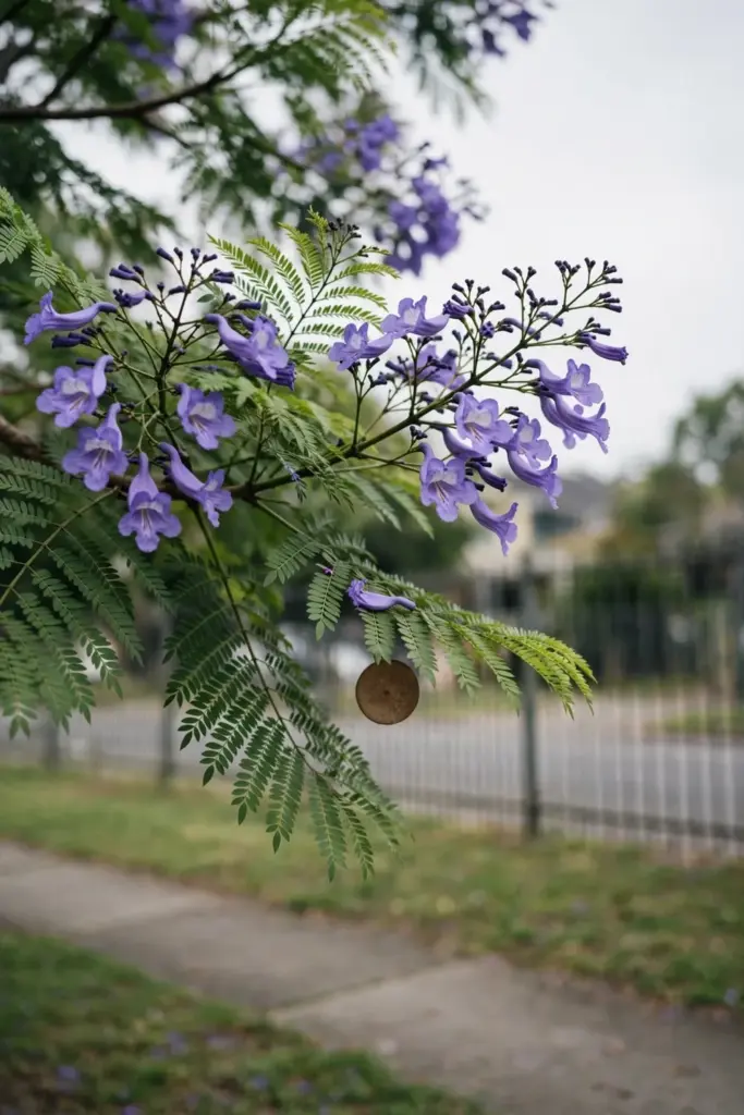 Jacaranda branch with purple trumpet flowers and fern like leaves