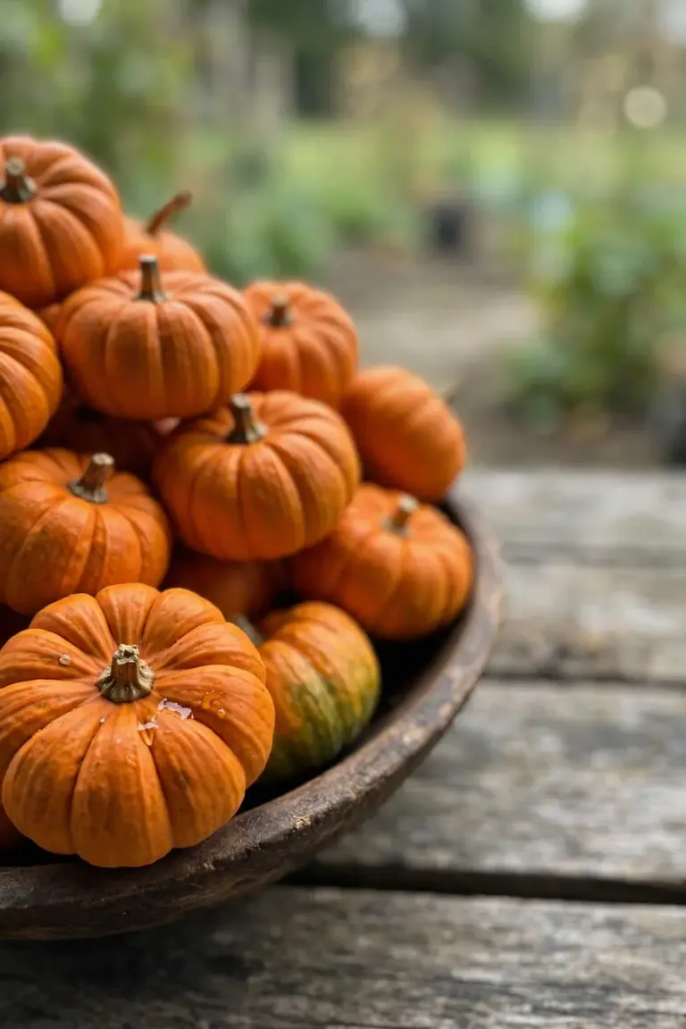 Tiny 'Jack Be Little' pumpkins heaped in a wooden bowl on a garden table