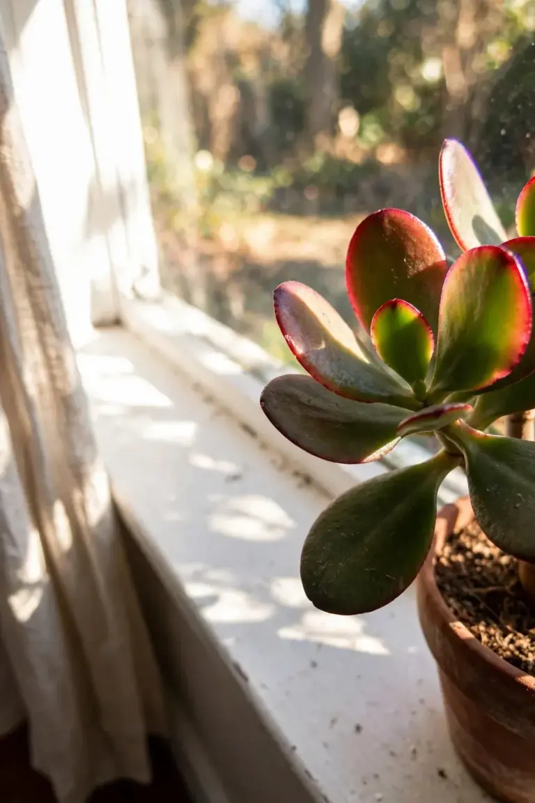 Jade plant leaves with red sun-kissed margins glowing in direct morning window light