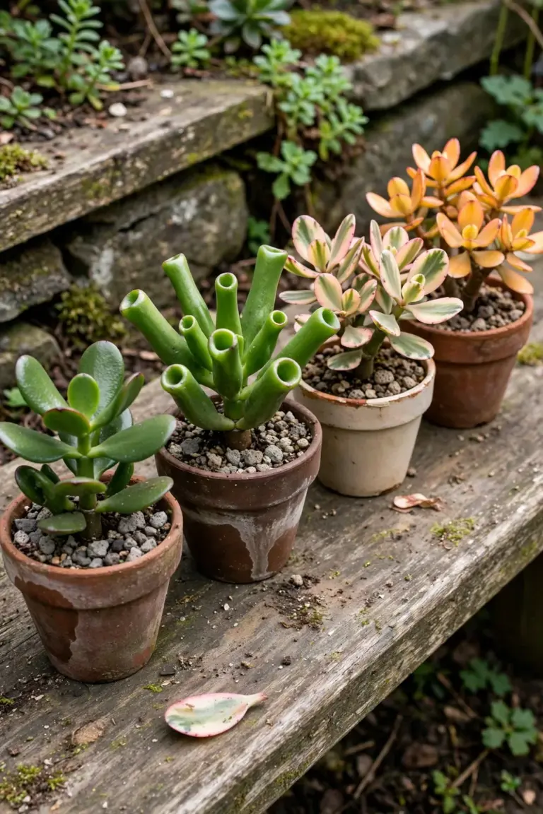 Four potted jade cultivars including Gollum, variegated, and Hummel's Sunset forms
