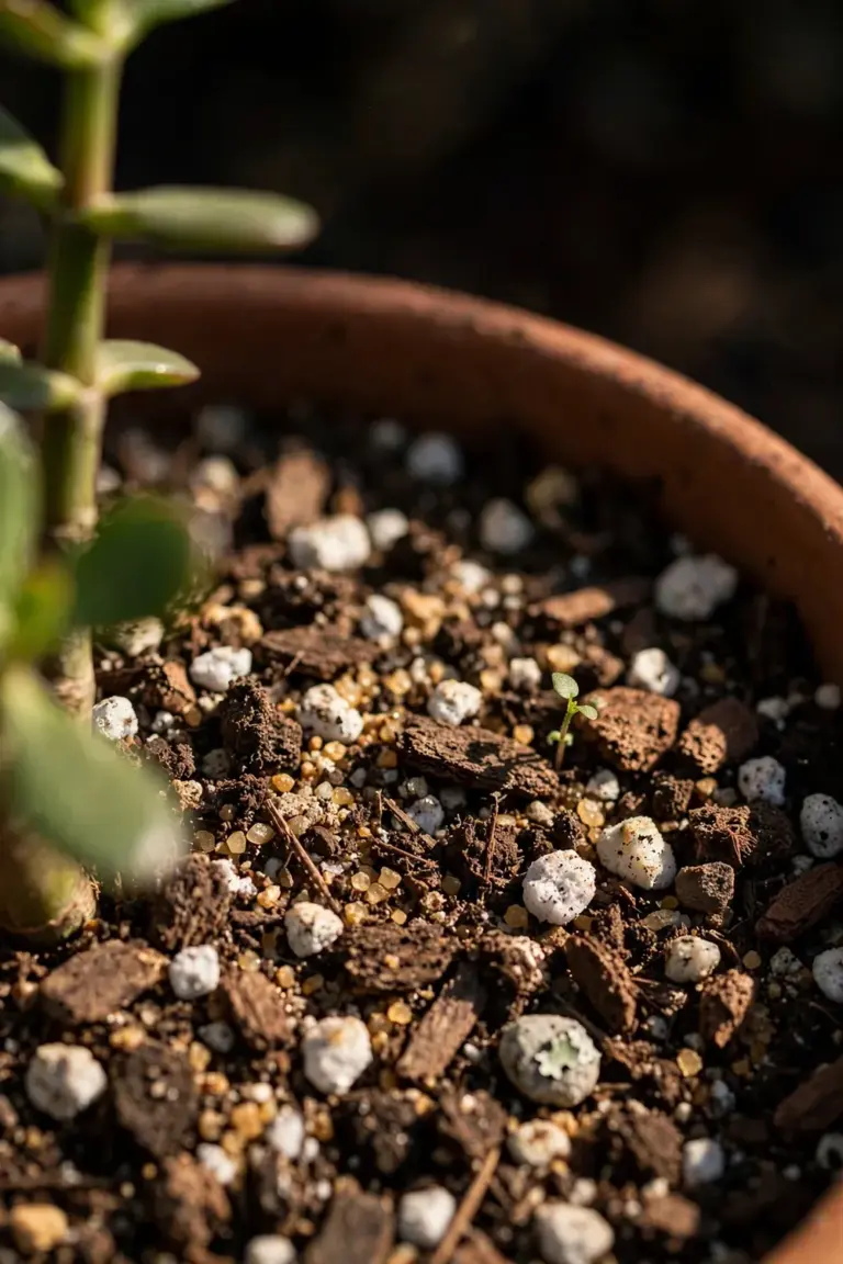 Macro of gritty succulent potting mix with perlite, sand, and bark around a jade stem