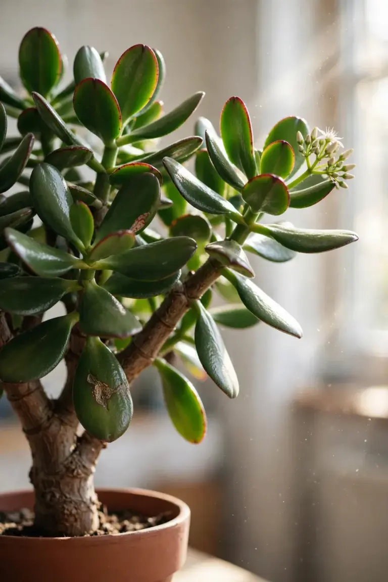 Thriving jade plant with firm glossy leaves and red margins in a terracotta pot