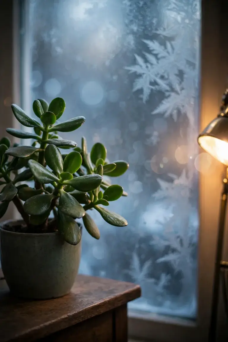 Jade plant thriving indoors on a table with a frost-patterned window behind it