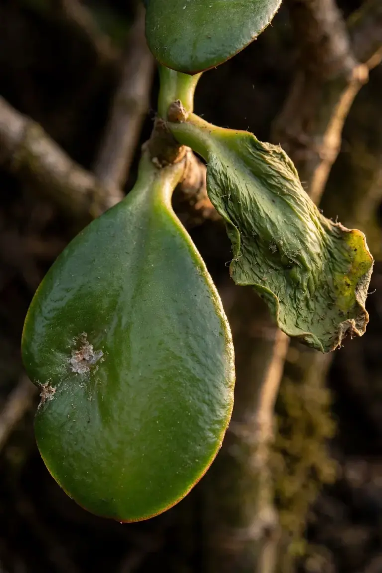 Close-up of two jade leaves, one plump and firm, one wrinkled and soft from thirst