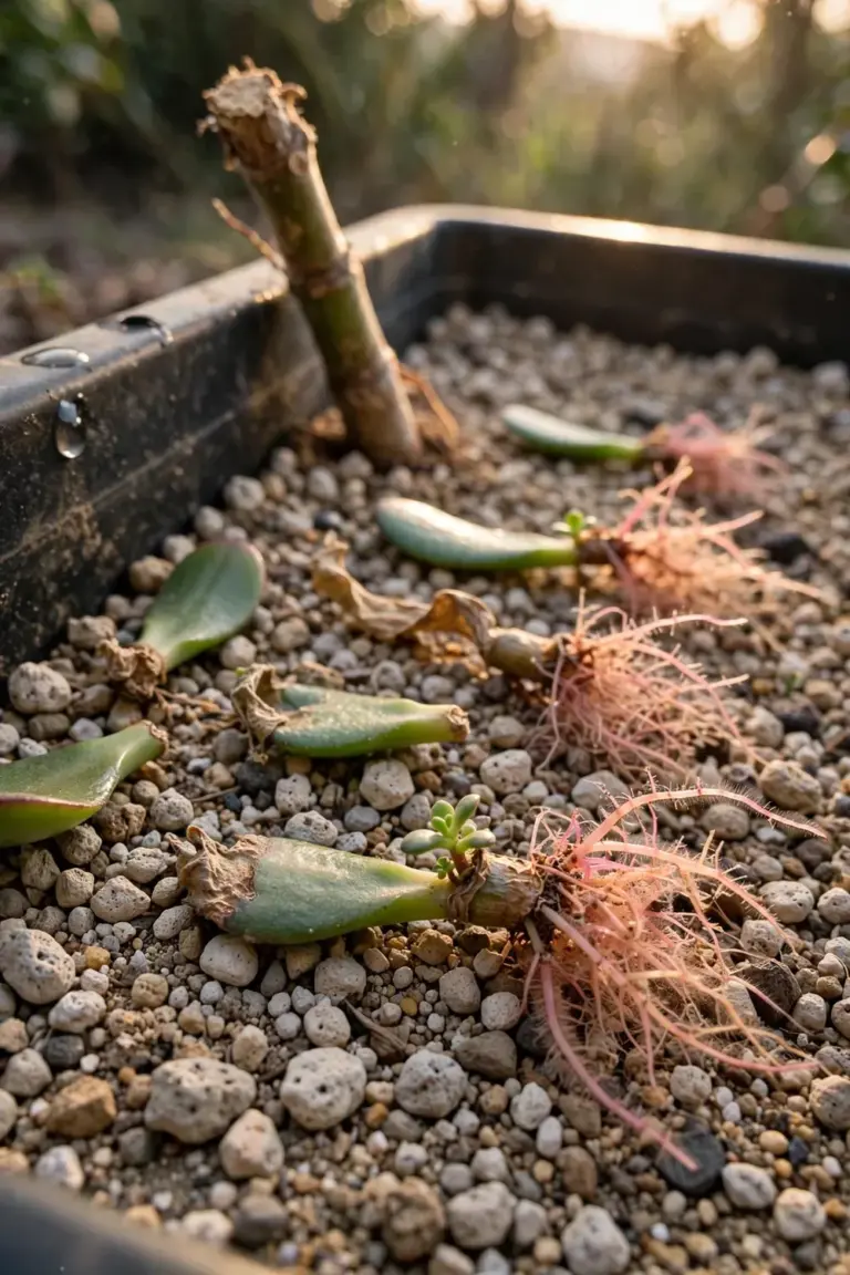 Jade stem cutting and leaf cuttings rooting in a tray of dry gritty mix