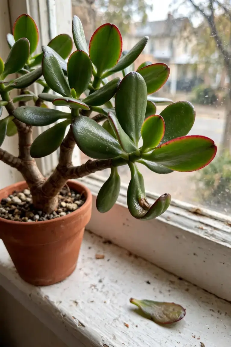 Mature jade plant with woody trunk and glossy leaves with red margins in terracotta pot
