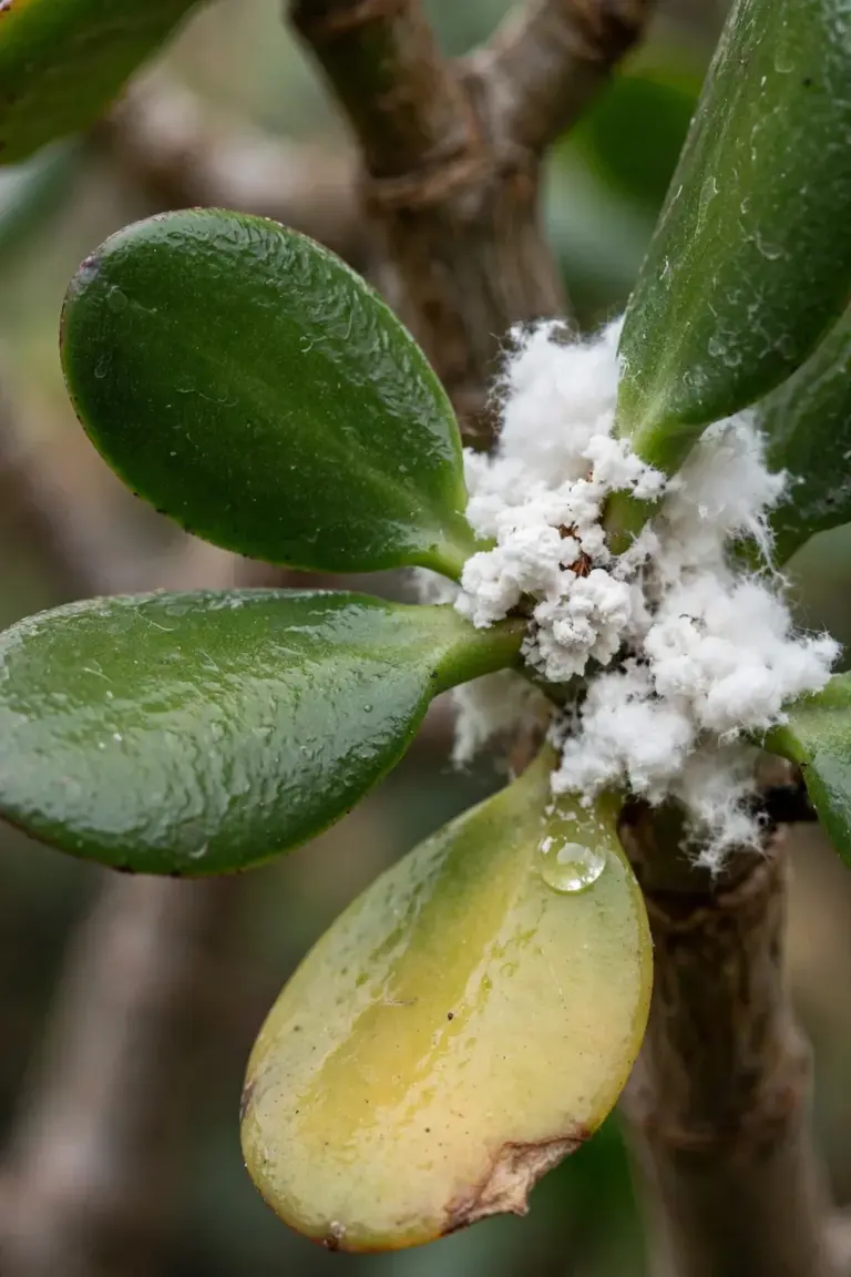 Macro of white cottony mealybugs clustered in the leaf joint of a jade plant