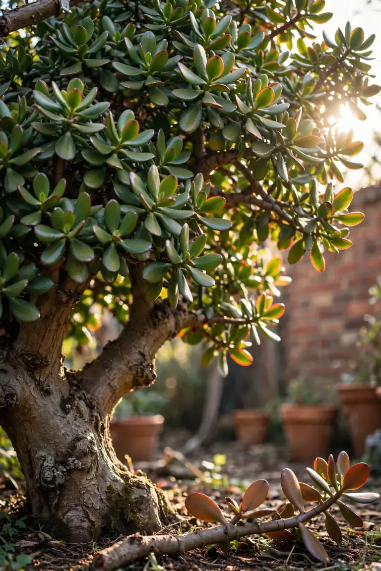 Large outdoor jade plant grown into a small tree with woody trunk in morning sun