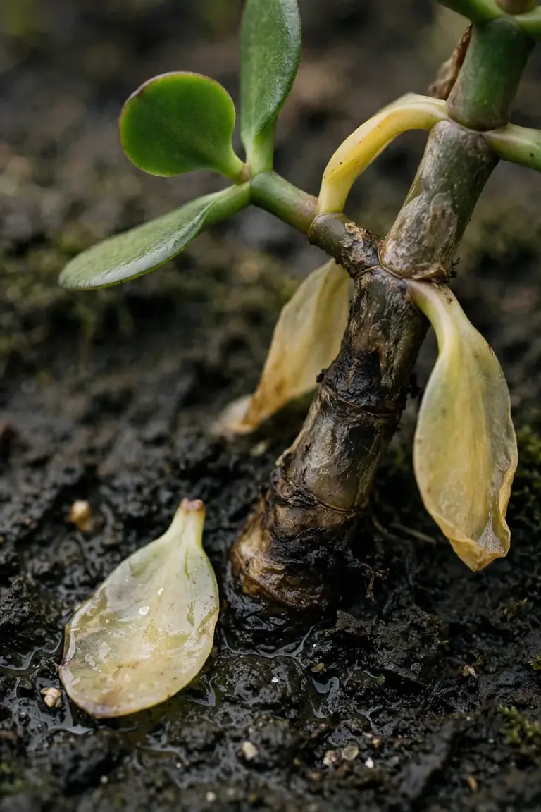 Jade plant stem base with yellowing translucent leaves and rot from overwatering