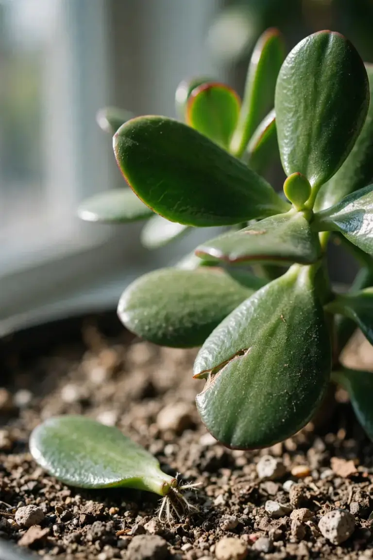 Jade plant leaves with red margins and a fallen leaf rooting on dry soil
