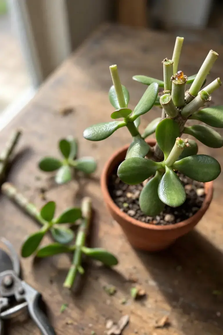 Freshly pruned jade plant with clean cuts above leaf pairs and cuttings on a table