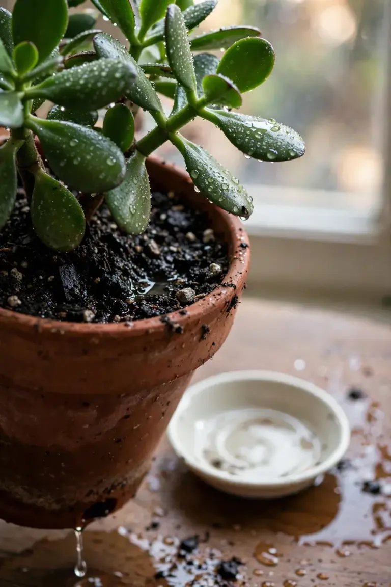 Jade plant in terracotta pot with dark wet soil and water droplets after deep watering