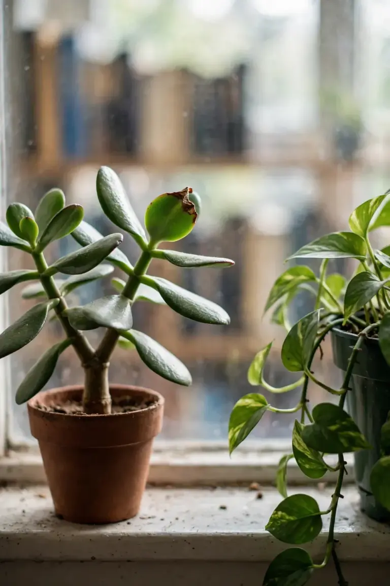 Upright jade plant with thick oval leaves beside a trailing pothos with heart-shaped leaves