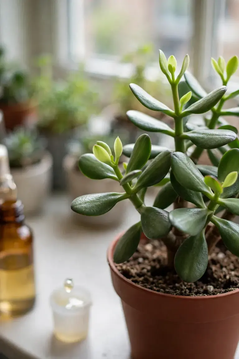 Jade plant with fresh spring growth beside a small bottle of diluted liquid fertilizer