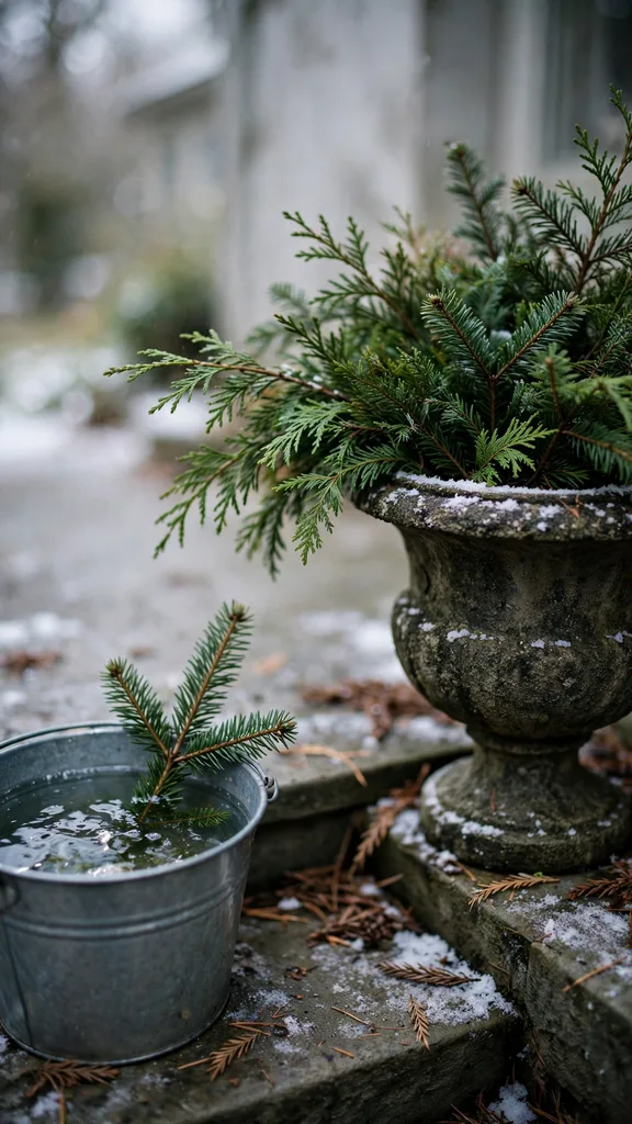 A January urn with fresh green boughs and spare stems in a bucket beside it