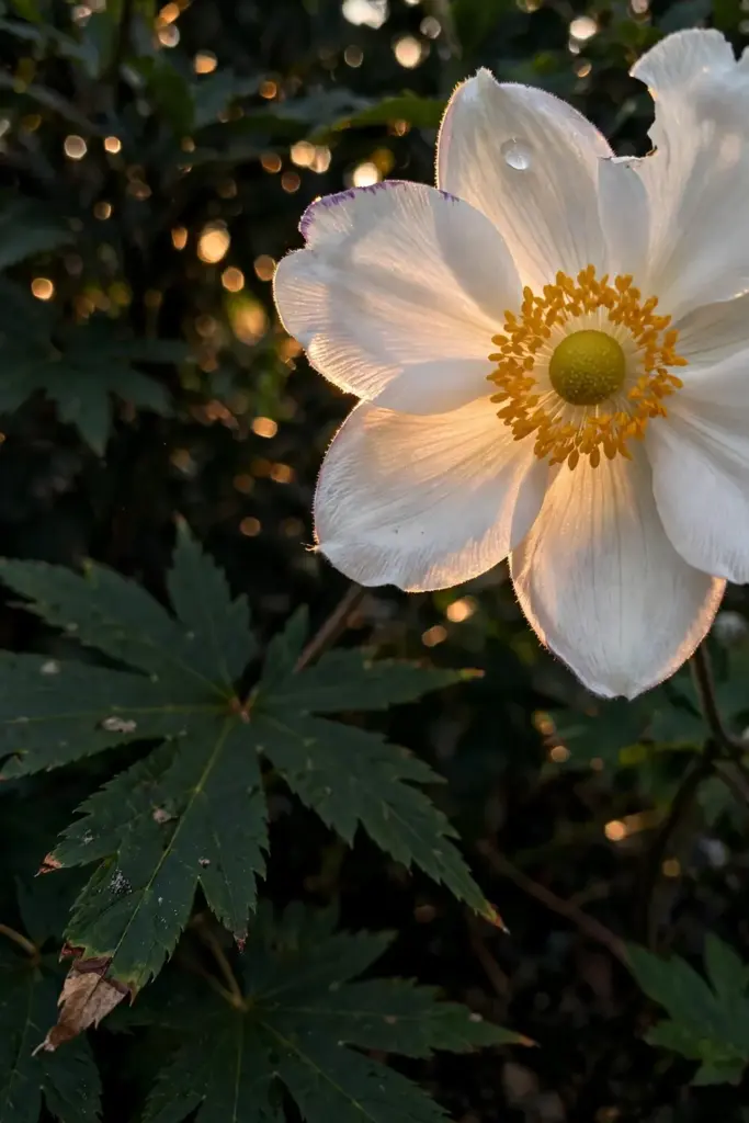 White Japanese anemone bloom with gold center and deeply divided foliage, macro