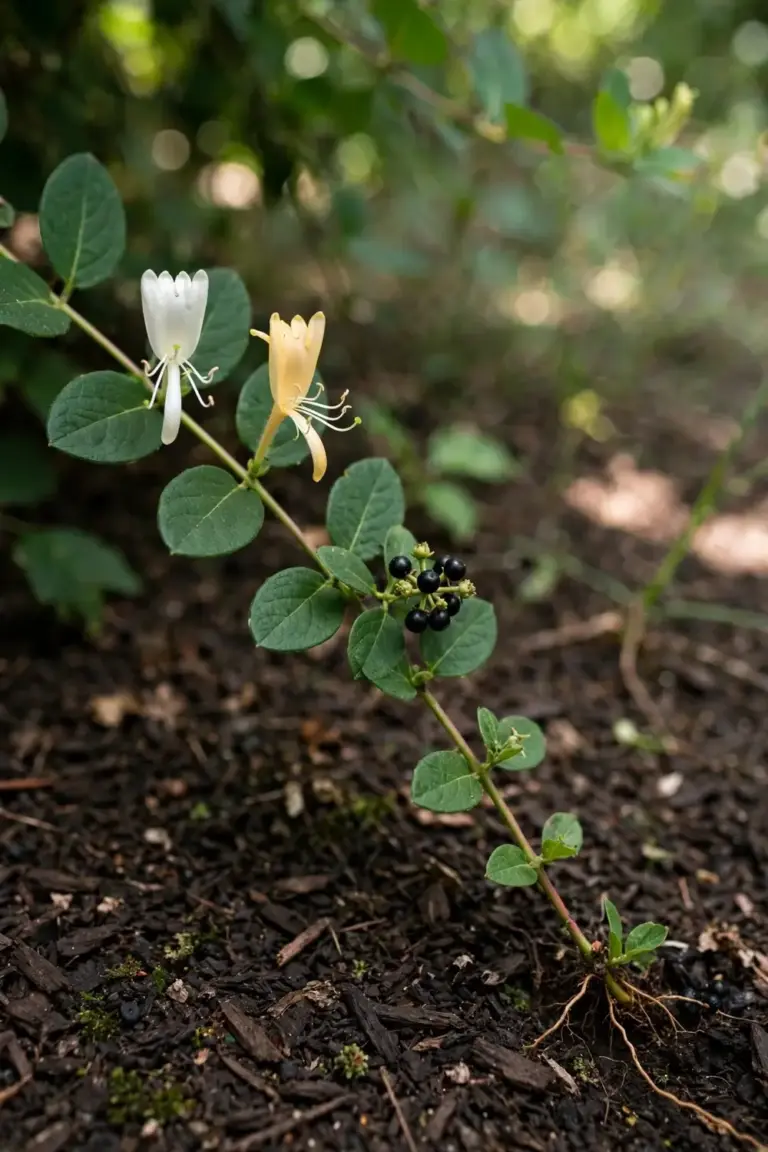 Japanese honeysuckle with opposite leaves, white-to-yellow flowers, and black berries