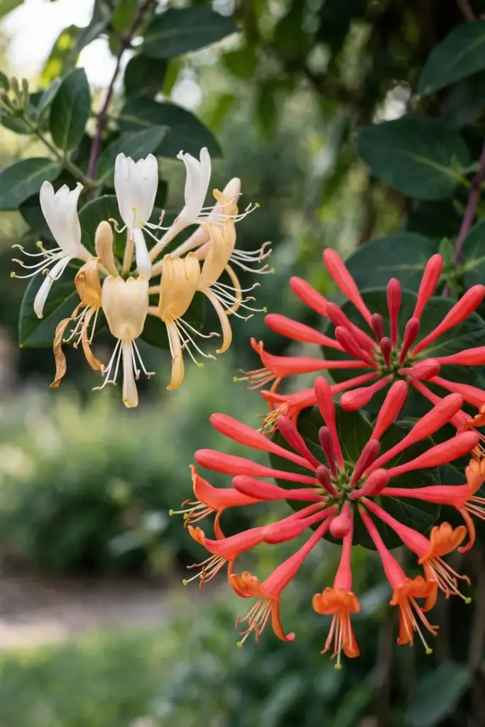 White aging-yellow Japanese honeysuckle flowers beside coral-red trumpet honeysuckle blooms