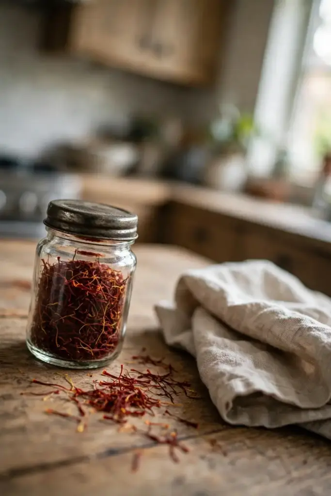 Small glass jar of dried saffron threads on a kitchen table