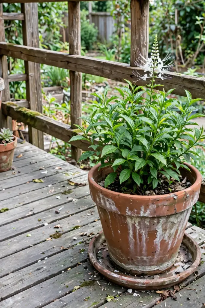 Java tea growing in a terracotta pot on a porch