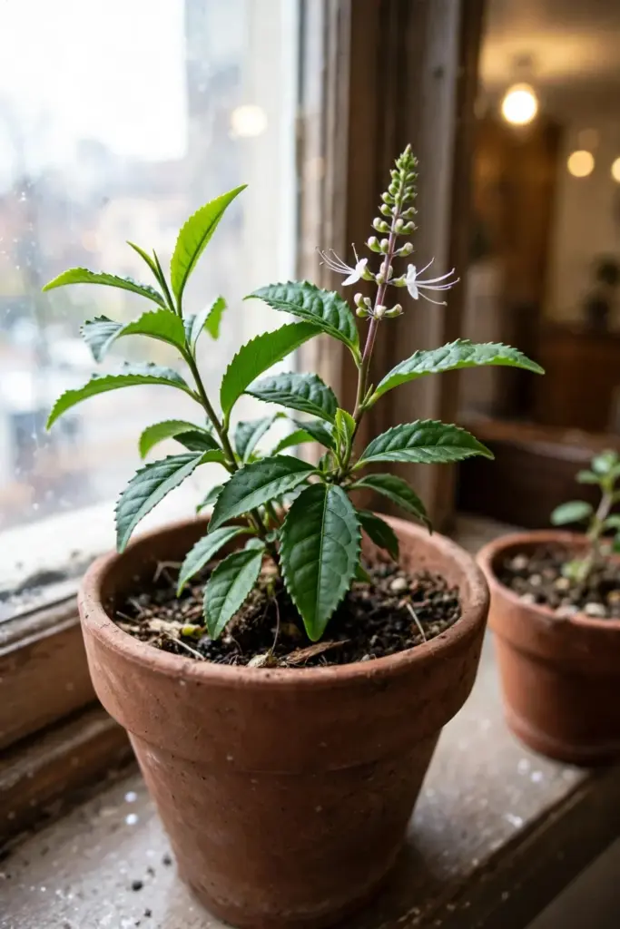 Java tea plant on a bright indoor windowsill in a pot