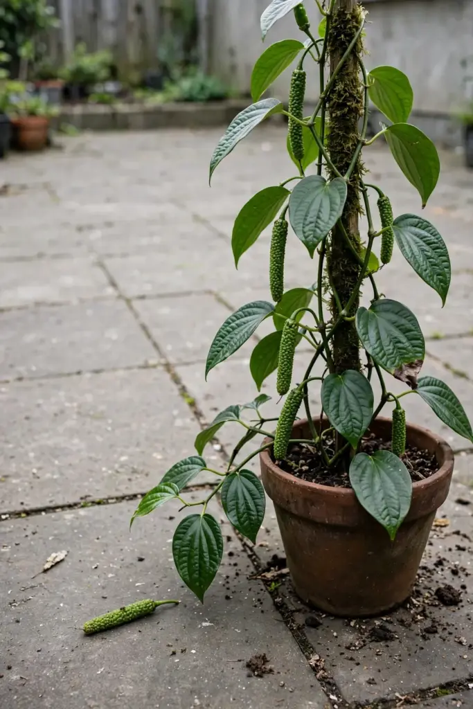 Whole potted Javanese long pepper vine on a moss pole on a patio